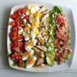 Składniki sałatki Cobb kurczak, boczk, jajka i warzywa.